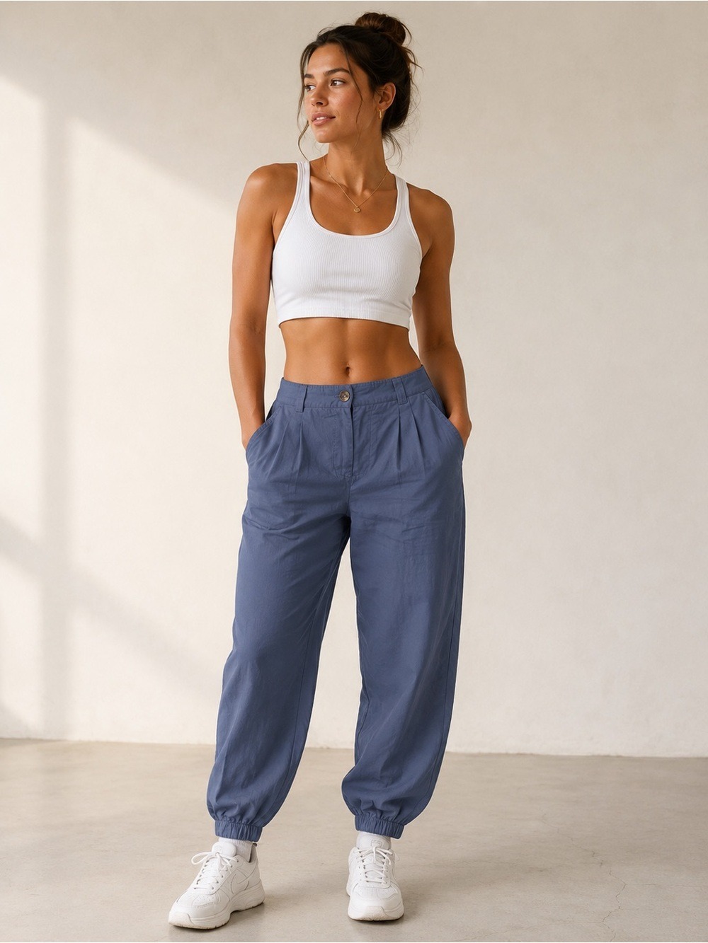 NWT Halara Mid Rise Cotton Joggers Blue Pleated Elastic Ankle XS